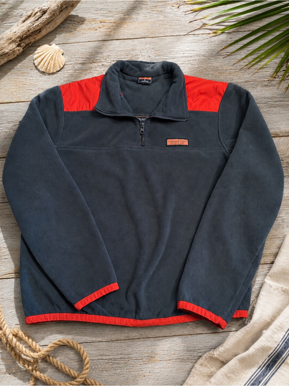 ❤️Vineyard Vines Men’s Dusky Blue & Red Quarter Zip Fleece Pullover Size Medium